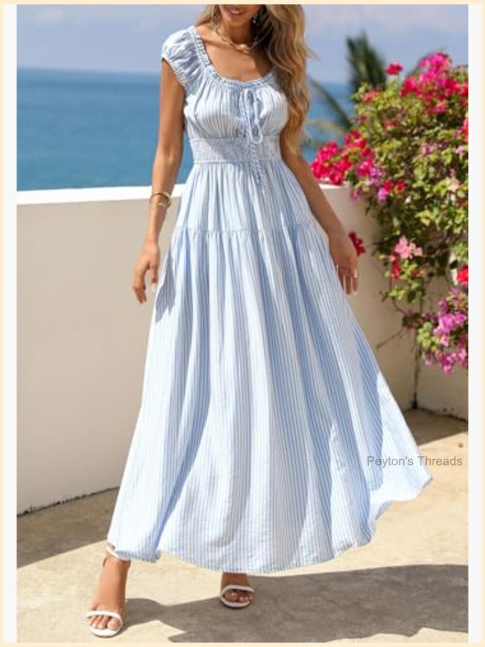 Boho Maxi Dress with Pockets Flowy Square Neck Cap Sleeve - Picture 5 of 7